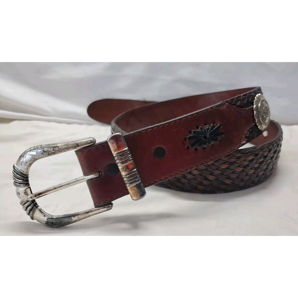 Vintage Brown Leather Silver Buckle Braided Bohemian Western Belt Size Small